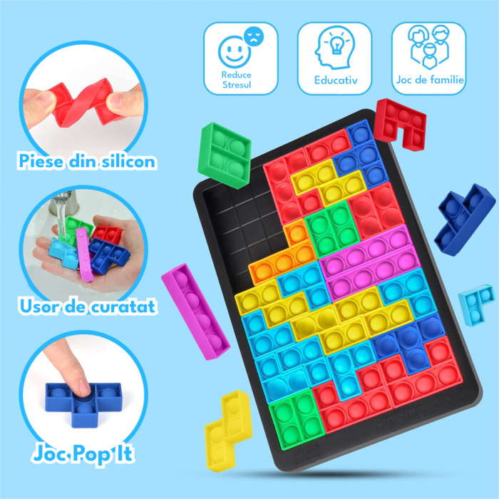 Joc clasic de tetris+Puzzle+Joc Pop It cu 24 de piese multicolore din silicon, 3+ani, WP1510 [2]