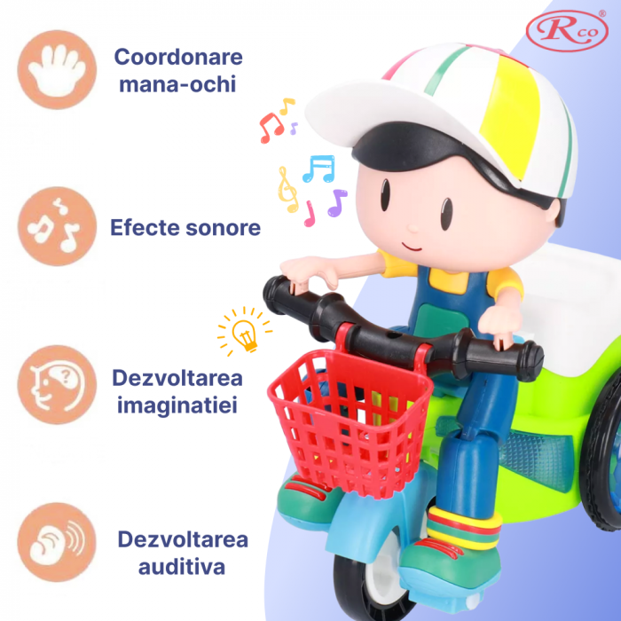 Jucarie Interactiva muzicala, cu lumini multicolore, si rotire 360° , Baietel cu Tricicleta, 20.5x17 cm, 3+ ani, WP4025 [2]