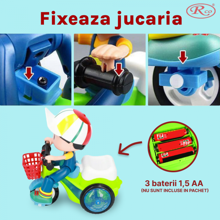 Jucarie Interactiva muzicala, cu lumini multicolore, si rotire 360° , Baietel cu Tricicleta, 20.5x17 cm, 3+ ani, WP4025 [5]