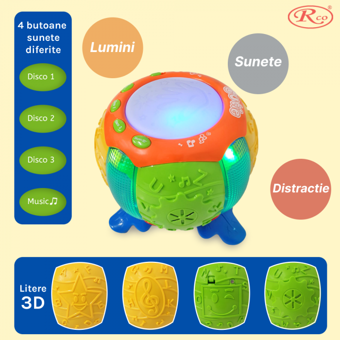 Jucarie Interactiva muzicala, cu lumini multicolore si rotire 360°, Toba sub forma de Dovleac, 18x18 cm, +18 luni, WW6502 [2]
