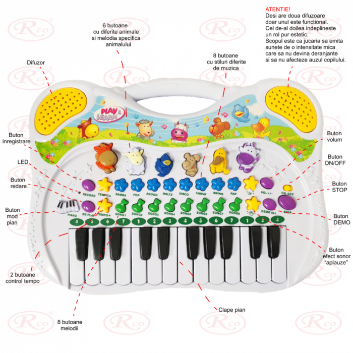 Jucarie muzicala, pian multifunctional RCO cu melodii, sunete, functie de inregistrare si redare, volum ajustabil, 38x27x3 cm, 18 luni+ , WW7003 [2]