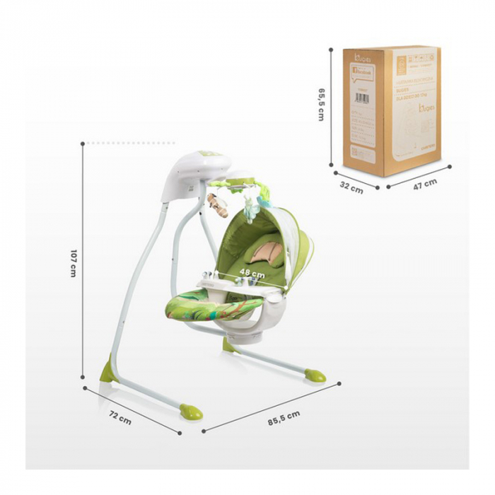 Leagan electric reglabil, cu muzica, pentru bebelusi, Caretero Bugies Forest 320605, Verde [8]