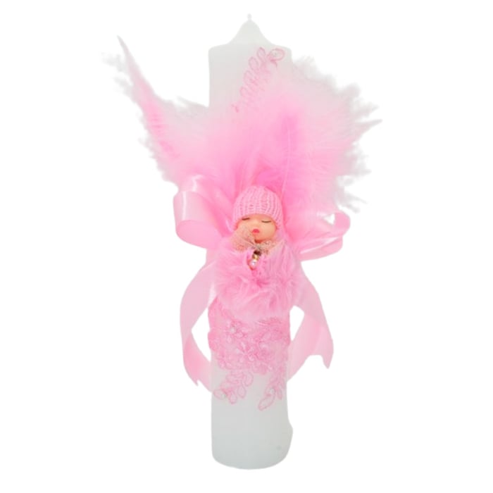 Lumanare din parafina, cu dantela si pene, pentru botez, 35 x 6,5 cm, Mini Junior L1511, Roz [1]