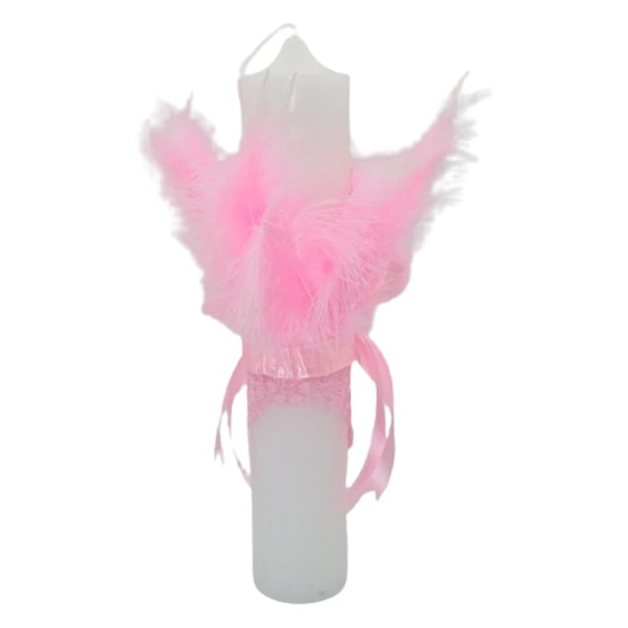 Lumanare din parafina, cu dantela si pene, pentru botez, 35 x 6,5 cm, Mini Junior L1511, Roz [3]