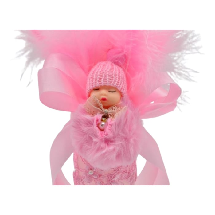 Lumanare din parafina, cu dantela si pene, pentru botez, 35 x 6,5 cm, Mini Junior L1511, Roz [2]