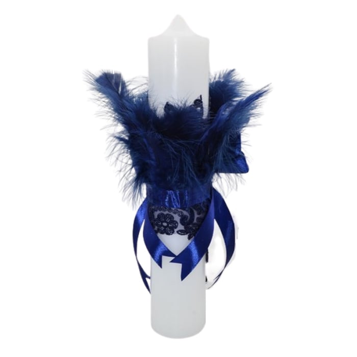 Lumanare din parafina, cu dantela si pene, pentru botez, 35 x 6,5 cm, Mini Junior L1511A, Albastru [2]