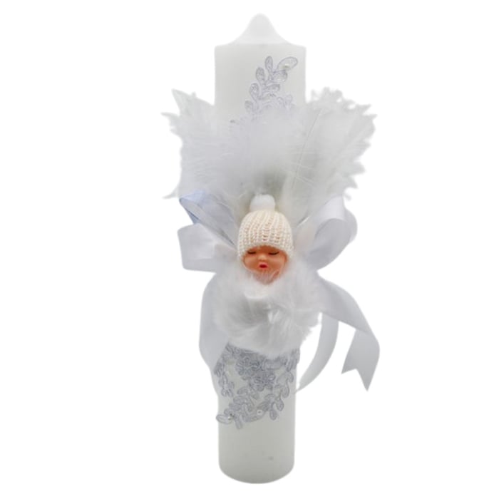 Lumanare din parafina, cu dantela si pene, pentru botez, 35 x 6,5 cm, Mini Junior L1511A2, Alb [1]