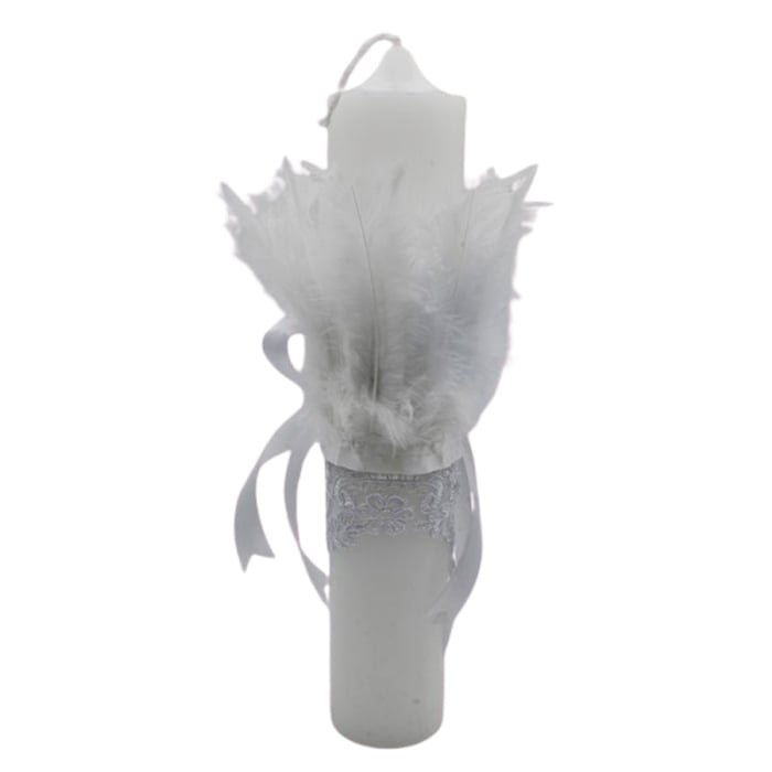 Lumanare din parafina, cu dantela si pene, pentru botez, 35 x 6,5 cm, Mini Junior L1511A2, Alb [2]