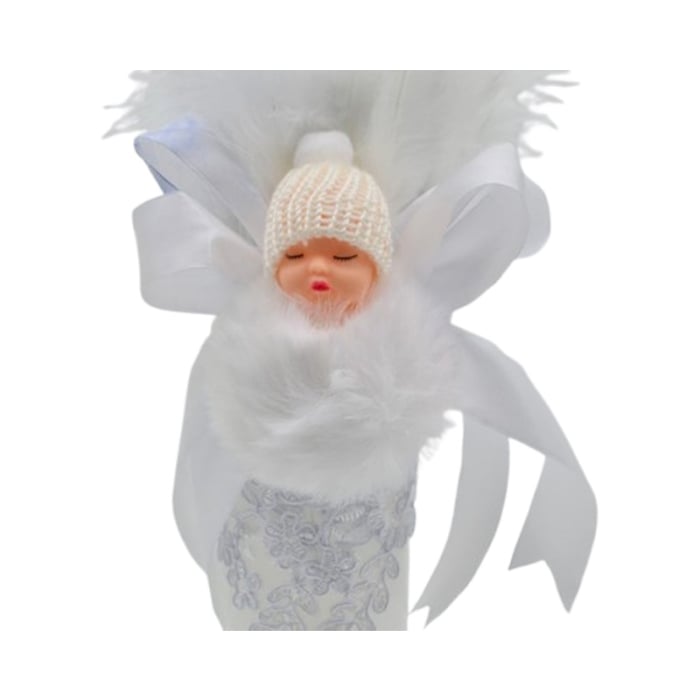 Lumanare din parafina, cu dantela si pene, pentru botez, 35 x 6,5 cm, Mini Junior L1511A2, Alb [3]