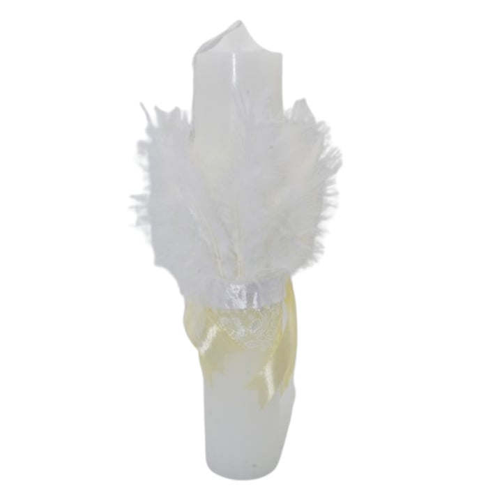 Lumanare din parafina, cu dantela si pene, pentru botez, 35 x 6,5 cm, Mini Junior L1511C, Crem [2]