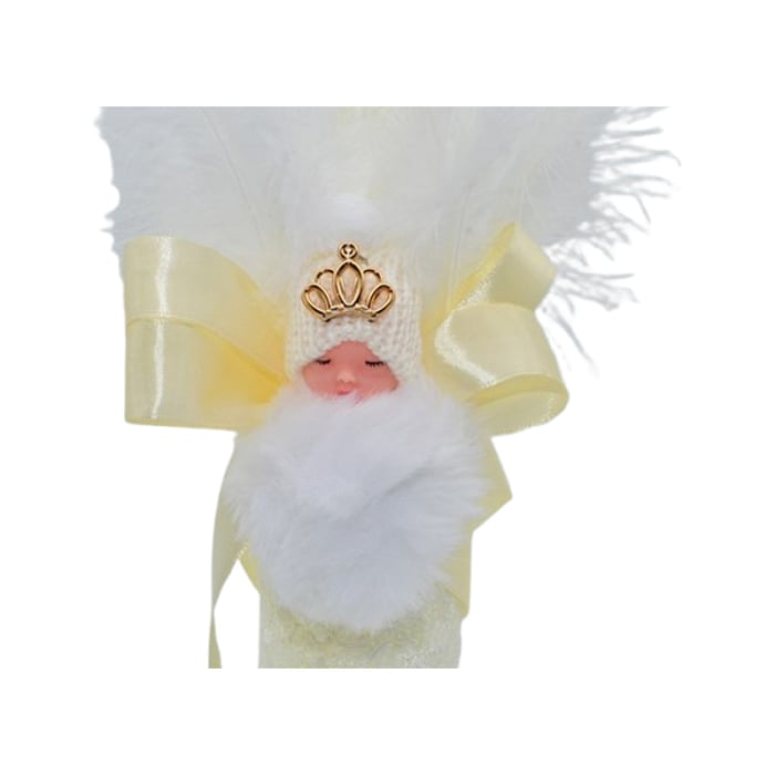 Lumanare din parafina, cu dantela si pene, pentru botez, 35 x 6,5 cm, Mini Junior L1511C, Crem [3]