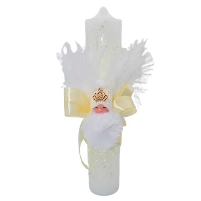 Lumanare din parafina, cu dantela si pene, pentru botez, 35 x 6,5 cm, Mini Junior L1511C, Crem [1]