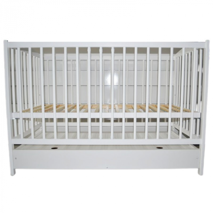 Patut din lemn masiv de pin cu sertar, 2 nivele de inaltime, 3 bari detasabile si o parte laterala detasabila 120 x 60 cm pentru copii Drewex Lulaya Delux 004419, Alb [3]