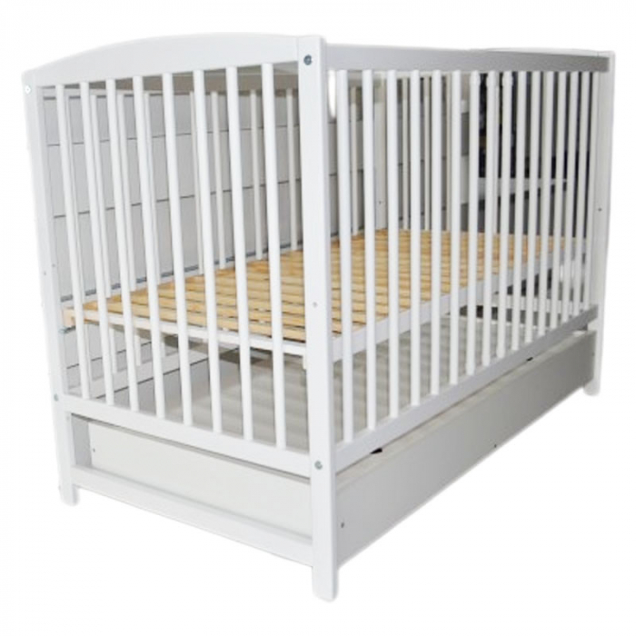 Patut din lemn masiv de pin cu sertar, 2 nivele de inaltime, 3 bari detasabile si o parte laterala detasabila 120 x 60 cm pentru copii Drewex Lulaya Delux 004419, Alb [4]