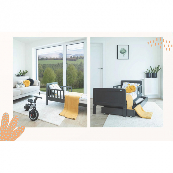 Patut din lemn masiv de pin cu sertar si doua protectii laterale semi-inchise 140 x 70 cm pentru copii Drewex Olek 005065, Gri [3]
