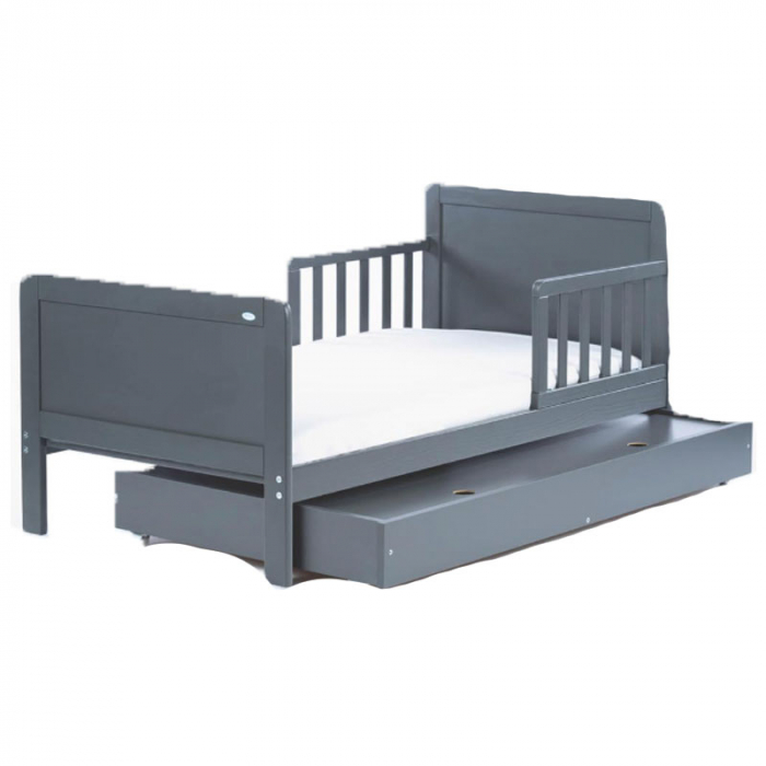 Patut din lemn masiv de pin cu sertar si doua protectii laterale semi-inchise 140 x 70 cm pentru copii Drewex Olek 005065, Gri [2]