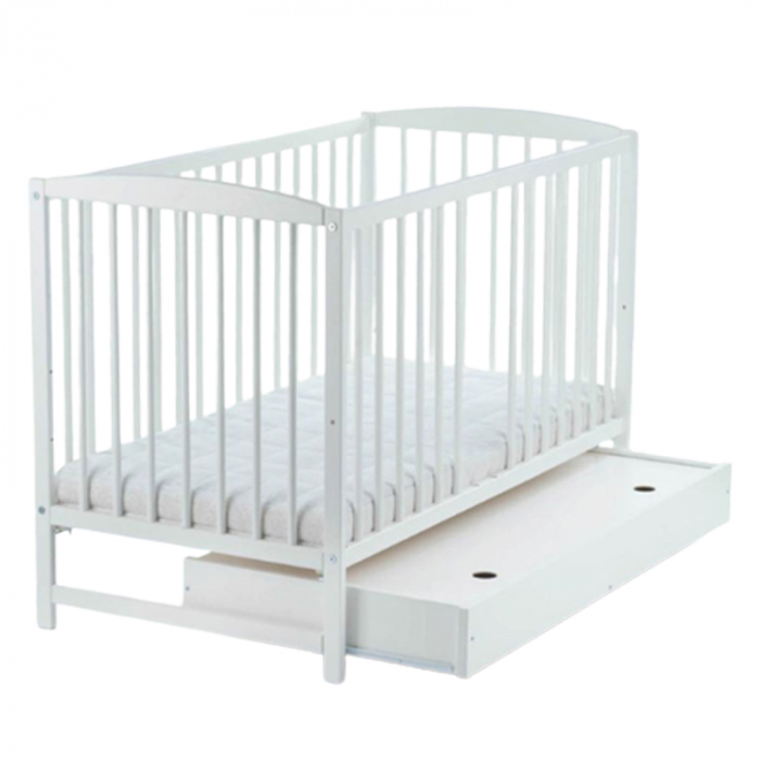 Patut din lemn masiv de pin cu sertar, 2 nivele de inaltime, 3 bari detasabile si o parte laterala detasabila 120 x 60 cm pentru copii Drewex Lulaya Delux 004419, Alb [2]