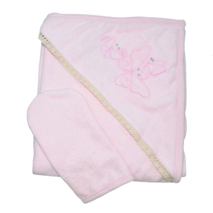 Prosop cu gluga din bumbac pentru fete 90 x 80 cm Mini Junior PSP-9, Roz [1]