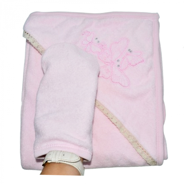 Prosop cu gluga din bumbac pentru fete 90 x 80 cm Mini Junior PSP-9, Roz [3]