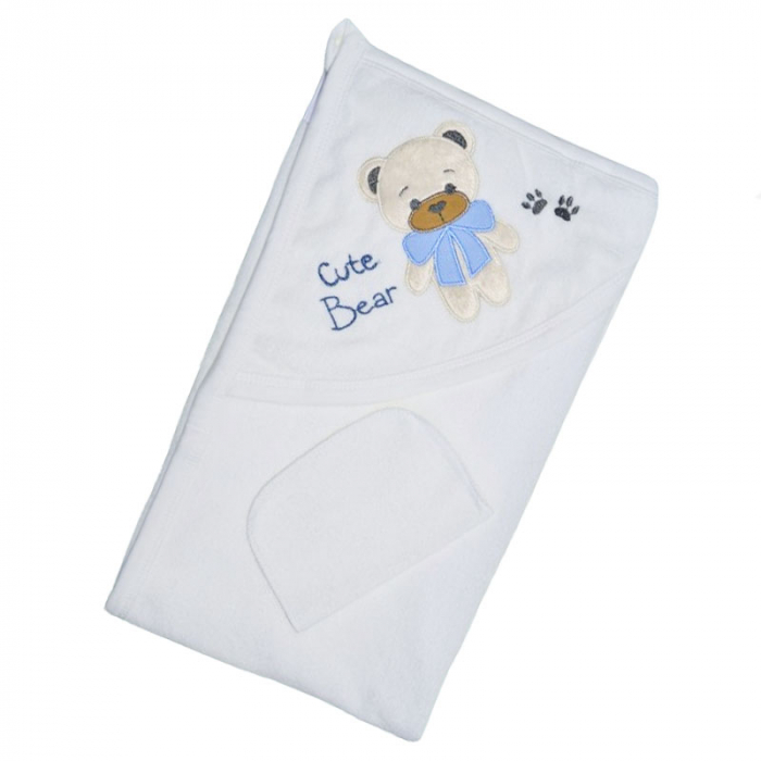 Prosop cu gluga din bumbac pentru baieti 100 x 85 cm Mini Junior PSB-0060, Alb [1]