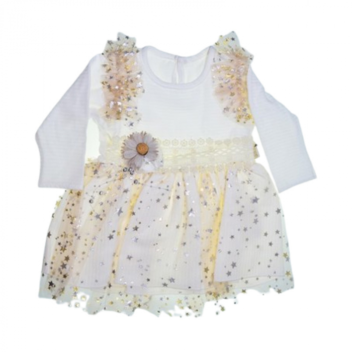 Rochie cu maneca lunga, cu dantela, pentru fete, Mini Junior RCH2608A-74, Crem [1]
