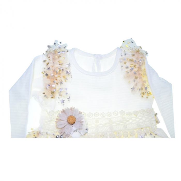 Rochie cu maneca lunga, cu dantela, pentru fete, Mini Junior RCH2608A-74, Crem [2]
