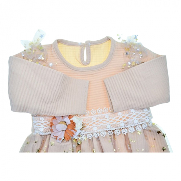 Rochie cu maneca lunga, cu tulle, pentru fete, Mini Junior 30100B, Bej [3]