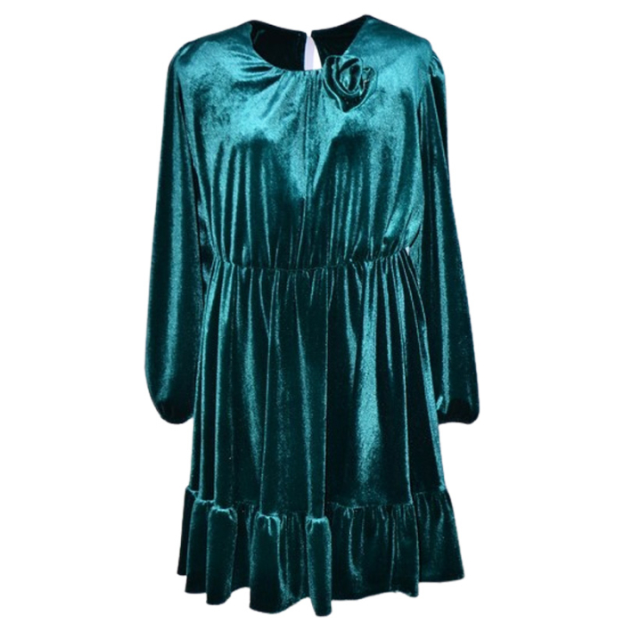 Rochie cu mânecă lungă, din catifea, cu brosa, pentru fete, Catherine R0311V4-128, Verde [1]