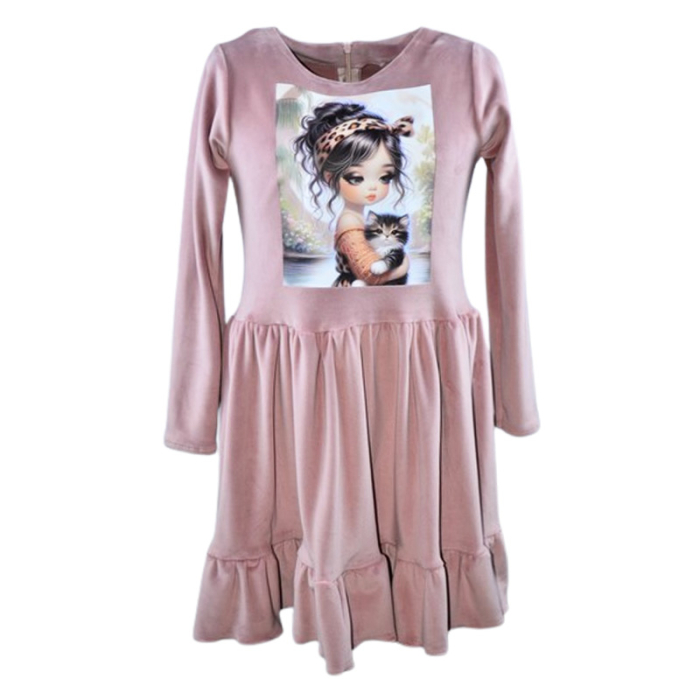 Rochie cu mânecă lungă, din catifea, pentru fete, Catherine R0311R-110, Roz [1]