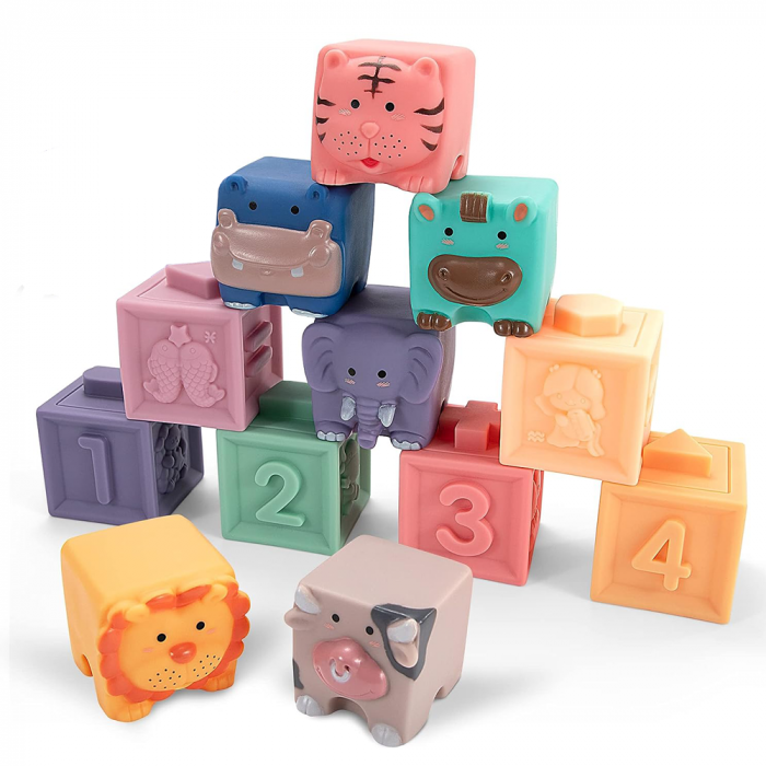 Set 12 cuburi moi cu margini rotunjite, Animale, Cifre, Multimi si Texturi 3D, EB1025 [1]