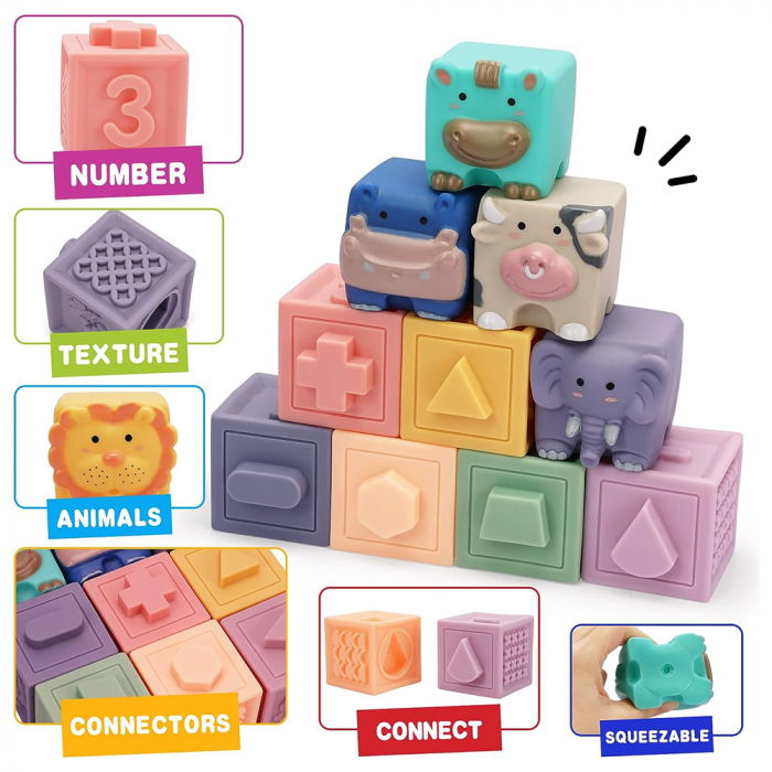 Set 12 cuburi moi cu margini rotunjite, Animale, Cifre, Multimi si Texturi 3D, EB1025 [6]