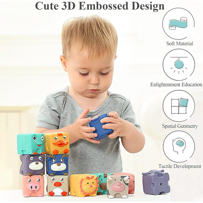 Set 12 cuburi moi cu margini rotunjite pentru bebelusi, Animale 3D, 6 luni+, EB1027 [1]