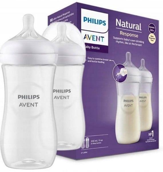 Set 2 biberoane, cu tetina din silicon, 330 ml, Philips Natural Response SCY906/02, Alb [2]