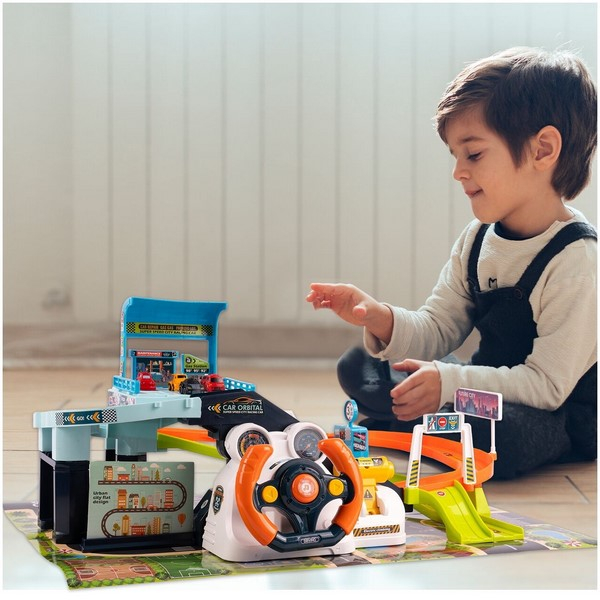 Set 2 in 1, pista cu rampa si parcare pentru masini, cu lift electric si cu volan interactiv, RCO WP8008, Multicolor [7]
