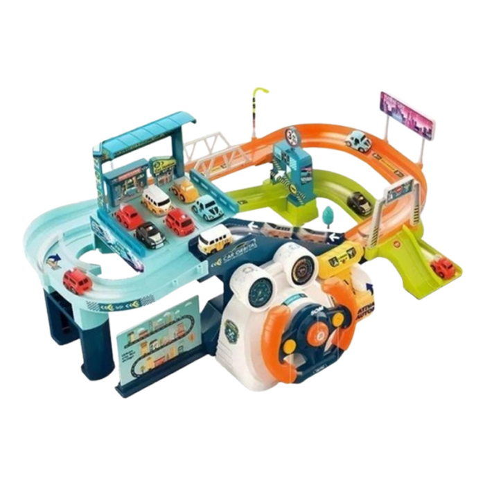 Set 2 in 1, pista cu rampa si parcare pentru masini, cu lift electric si cu volan interactiv, RCO WP8008, Multicolor [3]