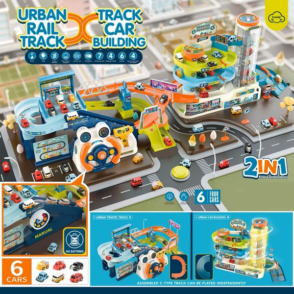 Set 2 in 1, pista cu rampa si parcare pentru masini, cu lift electric si cu volan interactiv, RCO WP8008, Multicolor [5]