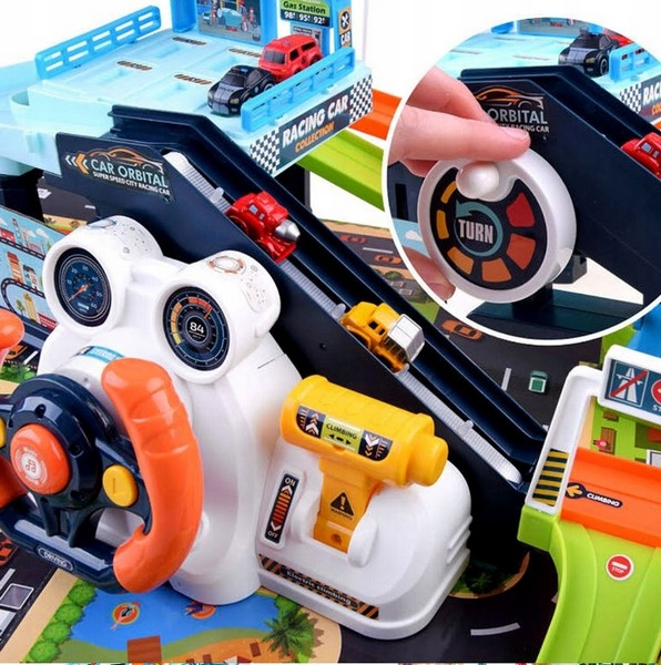 Set 2 in 1, pista cu rampa si parcare pentru masini, cu lift electric si cu volan interactiv, RCO WP8008, Multicolor [10]