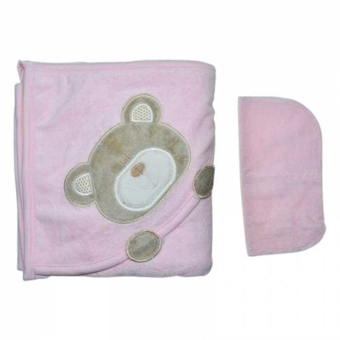 Set 2 piese, prosop cu gluga si batista, pentru baieti, 95 x 80 cm, Mini Junior PRS0109R, Roz [2]