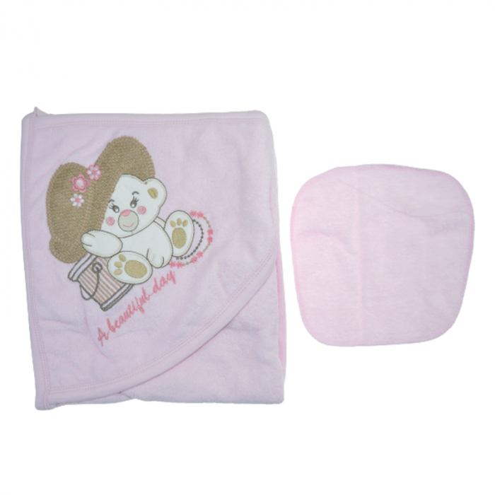 Set 2 piese prosop cu gluga si batista pentru fete Baby Line PPB128, Roz [2]