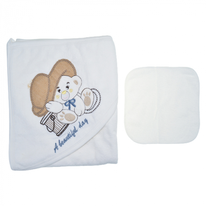 Set 2 piese prosop cu gluga si batista pentru baieti Baby Line PPB129, Alb [2]