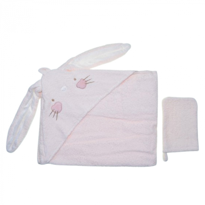 Set 2 piese, prosop cu gluga si manusa, pentru fete, 75 x 75 cm, Mini Junior PRS4201, Roz [2]