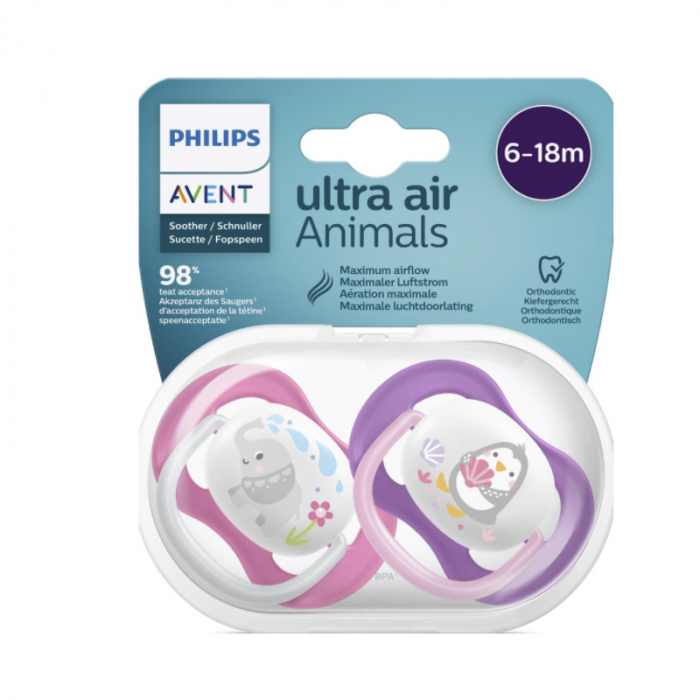 Set 2 suzete ortodontice din silicon Philips Avent Ultra Air Happy SCF080/08, Roz [2]