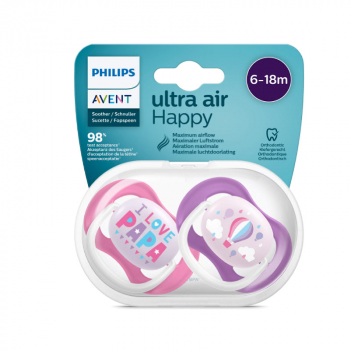 Set 2 suzete ortodontice din silicon Philips Avent Ultra Air Happy SCF080/04, Roz [2]