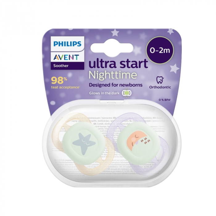 Set 2 suzete ortodontice din silicon, Philips Avent Ultra Start Nighttime, SCF075/07, Multicolor [2]
