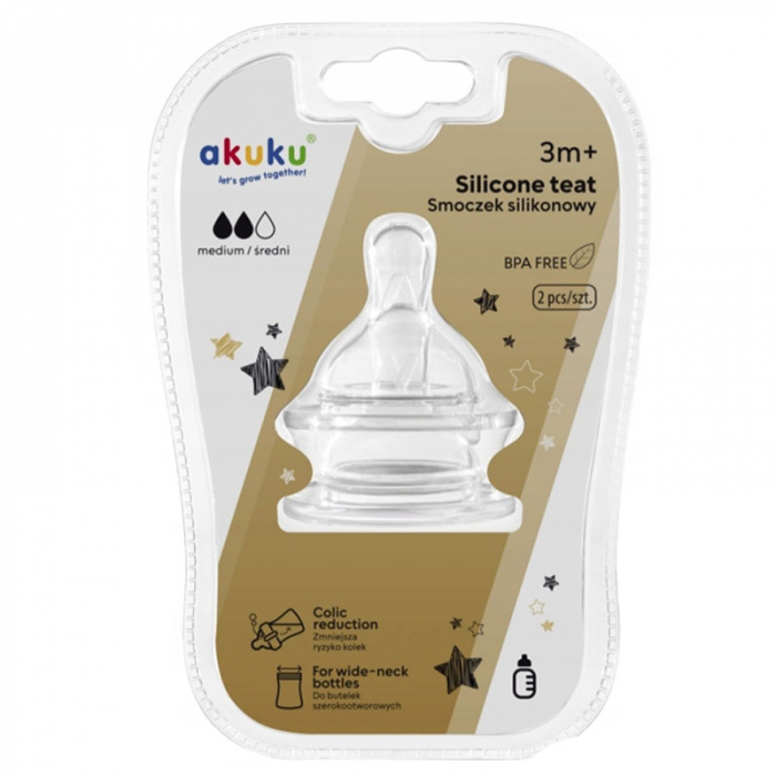 Set 2 tetine anti-colici cu debit mediu pentru biberon cu gura larga Akuku A0120, Transparent [2]