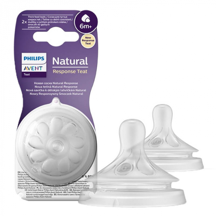 Set 2 tetine din silicon, tetine care functioneaza ca sanul mamei, tetine fara scurgeri, debit 6, pentru lichide cu densitate crescuta Philips Avent Natural Response SCY966/02, Transparent [2]