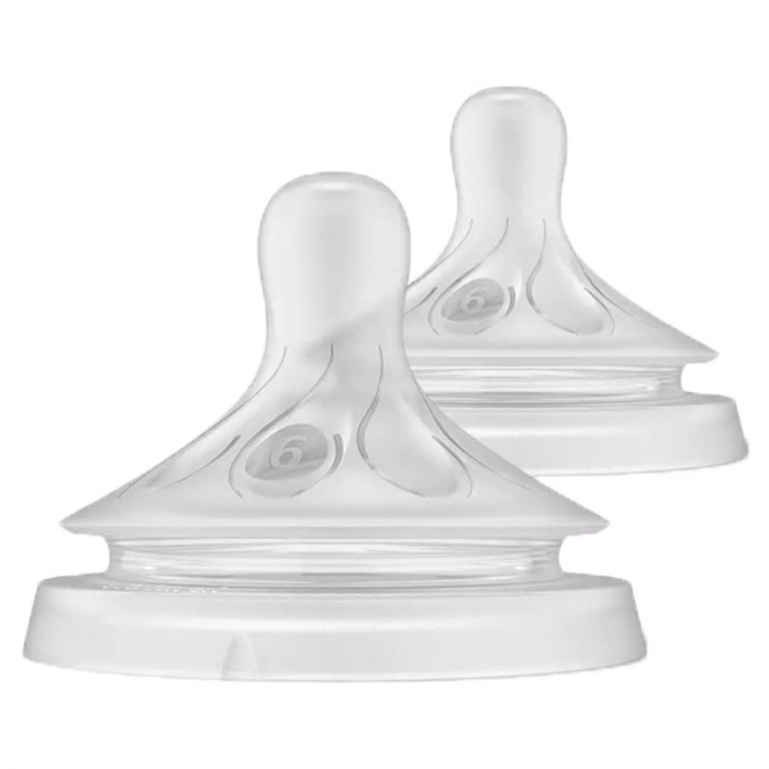 Set 2 tetine din silicon, tetine care functioneaza ca sanul mamei, tetine fara scurgeri, debit 6, pentru lichide cu densitate crescuta Philips Avent Natural Response SCY966/02, Transparent [1]