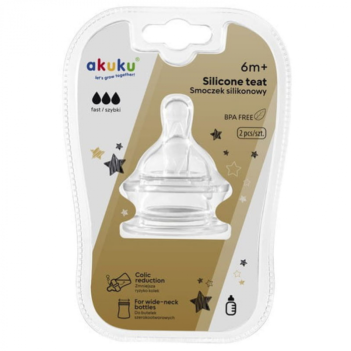 Set 2 tetine anti-colici cu debit rapid pentru biberon cu gura larga Akuku A0121, Transparent [2]