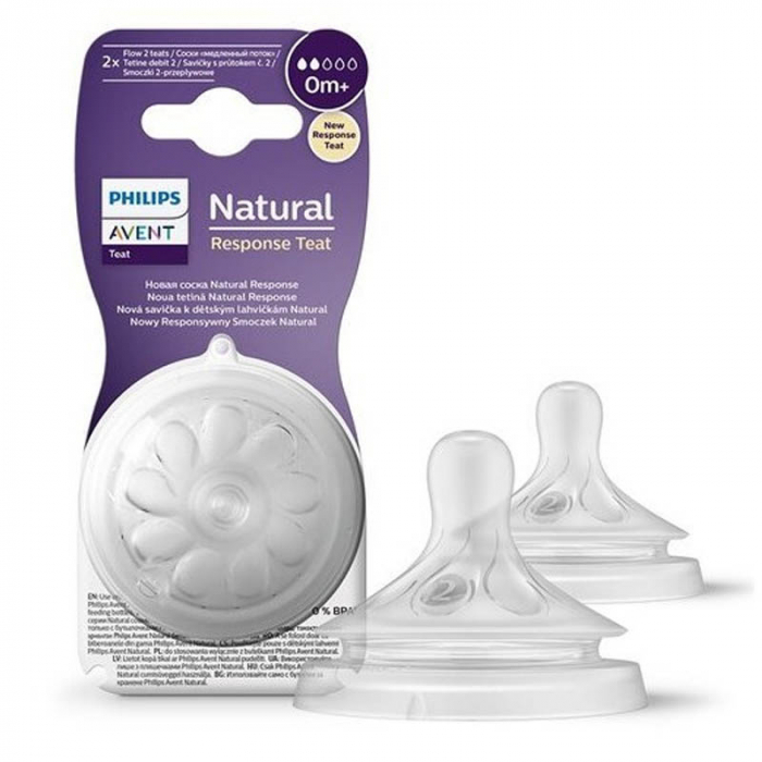 Set 2 tetine din silicon, tetine care functioneaza ca sanul mamei, tetine fara scurgeri, debit 2, pentru lichide cu densitate crescuta Philips Avent Natural Response SCY962/02, Transparent [2]