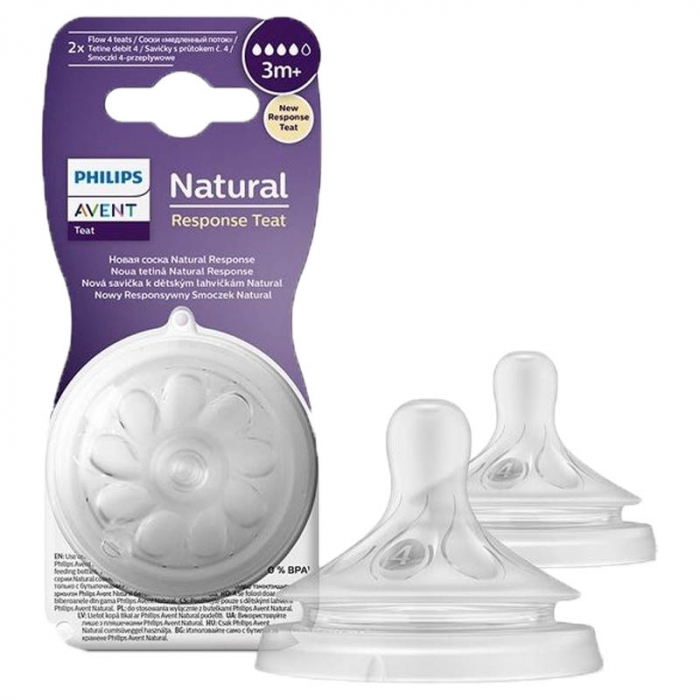 Set 2 tetine din silicon, tetine care functioneaza ca sanul mamei, tetine fara scurgeri, debit 4, pentru lichide cu densitate crescuta Philips Avent Natural Response SCY964/02, Transparent [2]